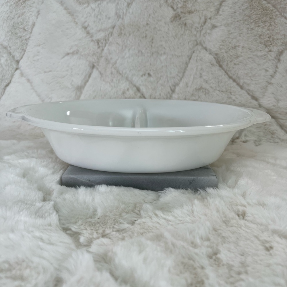 Vintage Fire King White Milk Glass Divided Dish #468 Notched Handle